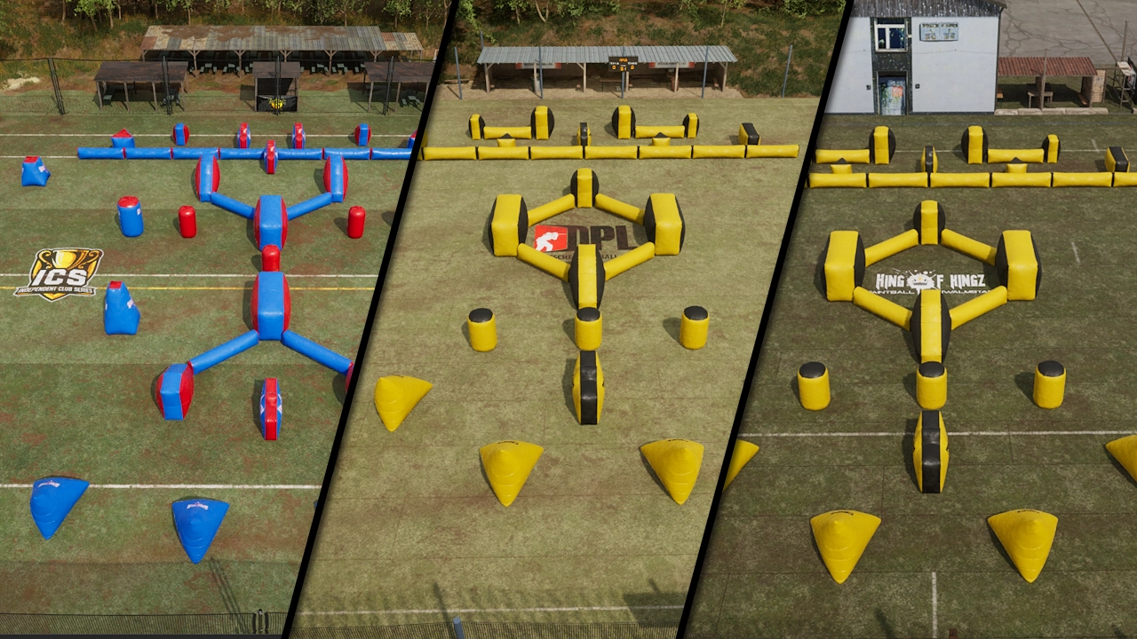 Competitive real-world tournament paintball map with inflatable bunkers in SPLASH – Paintball