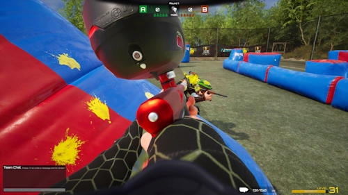 Player eliminating an opponent during an in-game firefight in SPLASH – Paintball