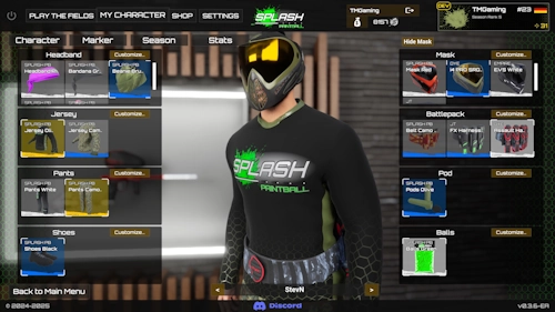 Main menu gear selection screen in SPLASH – Paintball