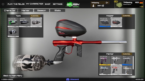 Main menu equipment selection screen in SPLASH – Paintball